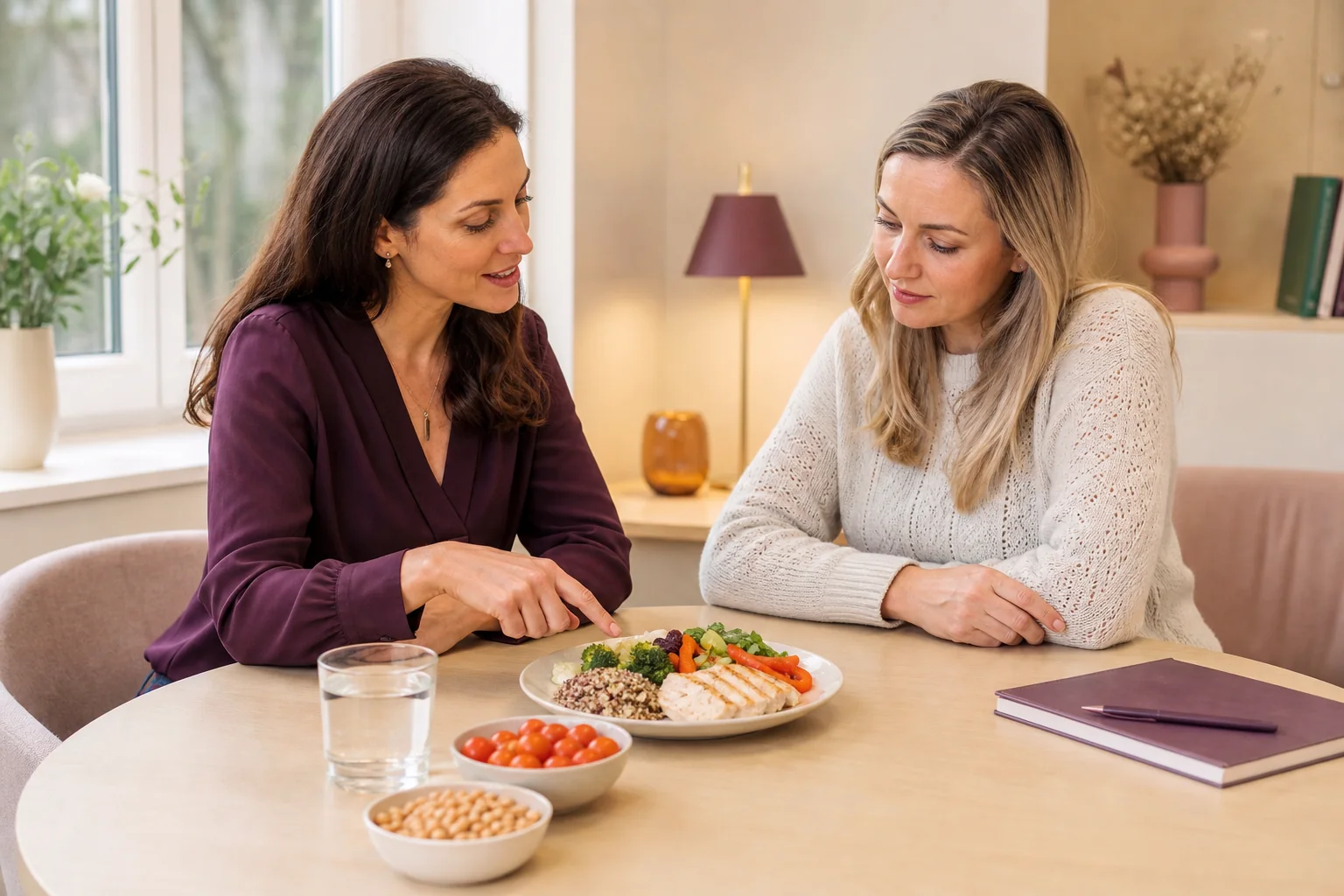 A nutritional therapist discussing practical food choices with a woman