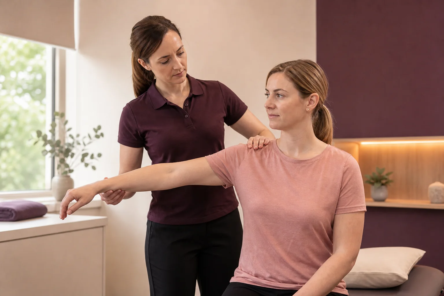 A physiotherapist assessing a woman’s shoulder movement