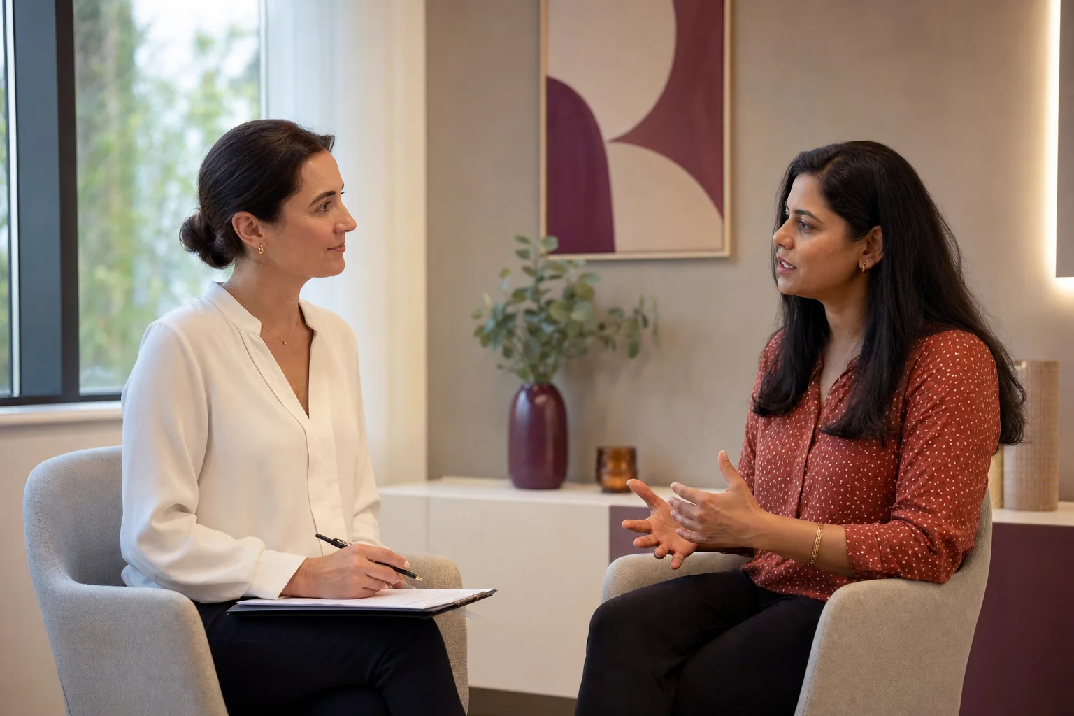 A clinician listening to a woman during a private health consultation